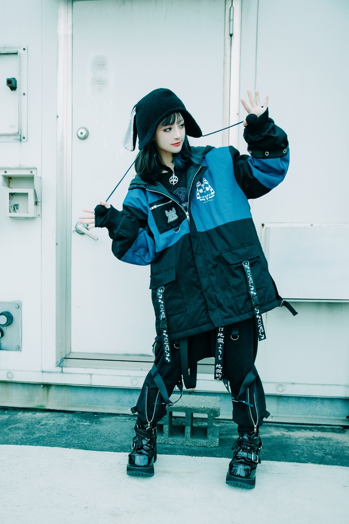 Jillpunk 芝麻コラボ アニメ Y2K お宅 ニ次コン ワークスペック風 エジプト神話ベビー アヌビス キルティング ゆったりパーかー 狼耳 フード付きジャケット オリジナル メンズ レディーズ おしゃれ 男女兼用 ファッション 秋葉系 可愛い