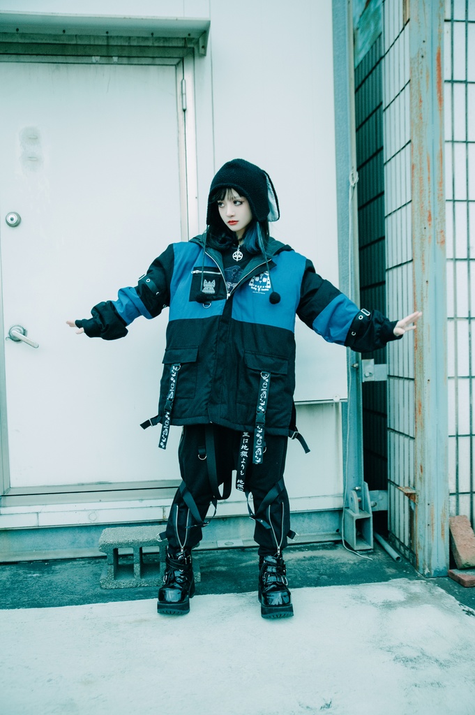 Jillpunk 芝麻コラボ アニメ Y2K お宅 ニ次コン ワークスペック風 エジプト神話ベビー アヌビス キルティング ゆったりパーかー 狼耳 フード付きジャケット オリジナル メンズ レディーズ おしゃれ 男女兼用 ファッション 秋葉系 可愛い