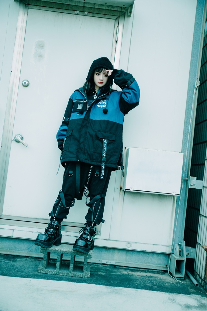 Jillpunk 芝麻コラボ アニメ Y2K お宅 ニ次コン ワークスペック風 エジプト神話ベビー アヌビス キルティング ゆったりパーかー 狼耳 フード付きジャケット オリジナル メンズ レディーズ おしゃれ 男女兼用 ファッション 秋葉系 可愛い