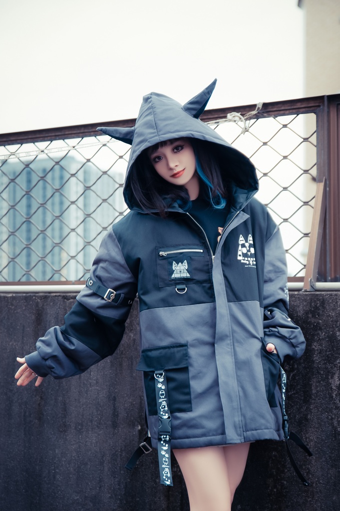 Jillpunk 芝麻コラボ アニメ Y2K お宅 ニ次コン ワークスペック風 エジプト神話ベビー アヌビス キルティング ゆったりパーかー 狼耳 フード付きジャケット オリジナル メンズ レディーズ おしゃれ 男女兼用 ファッション 秋葉系 可愛い