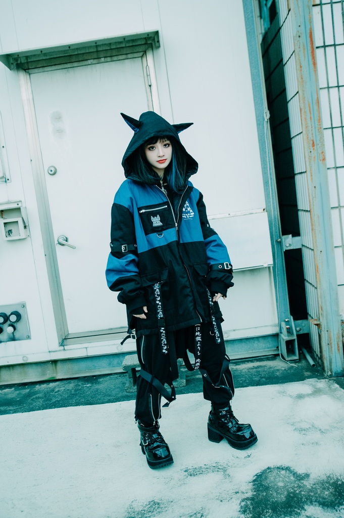 Jillpunk 芝麻コラボ アニメ Y2K お宅 ニ次コン ワークスペック風 エジプト神話ベビー アヌビス キルティング ゆったりパーかー 狼耳 フード付きジャケット オリジナル メンズ レディーズ おしゃれ 男女兼用 ファッション 秋葉系 可愛い