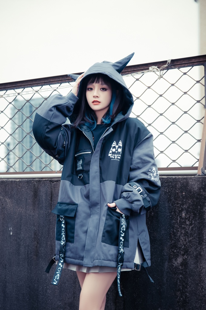 Jillpunk 芝麻コラボ アニメ Y2K お宅 ニ次コン ワークスペック風 エジプト神話ベビー アヌビス キルティング ゆったりパーかー 狼耳 フード付きジャケット オリジナル メンズ レディーズ おしゃれ 男女兼用 ファッション 秋葉系 可愛い