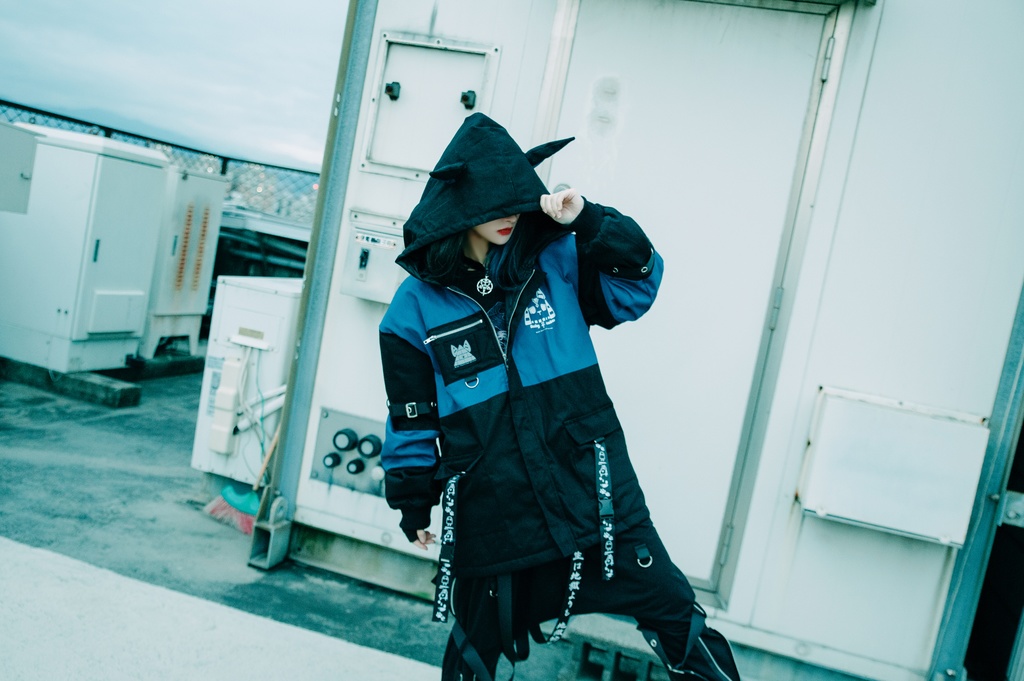 Jillpunk 芝麻コラボ アニメ Y2K お宅 ニ次コン ワークスペック風 エジプト神話ベビー アヌビス キルティング ゆったりパーかー 狼耳 フード付きジャケット オリジナル メンズ レディーズ おしゃれ 男女兼用 ファッション 秋葉系 可愛い