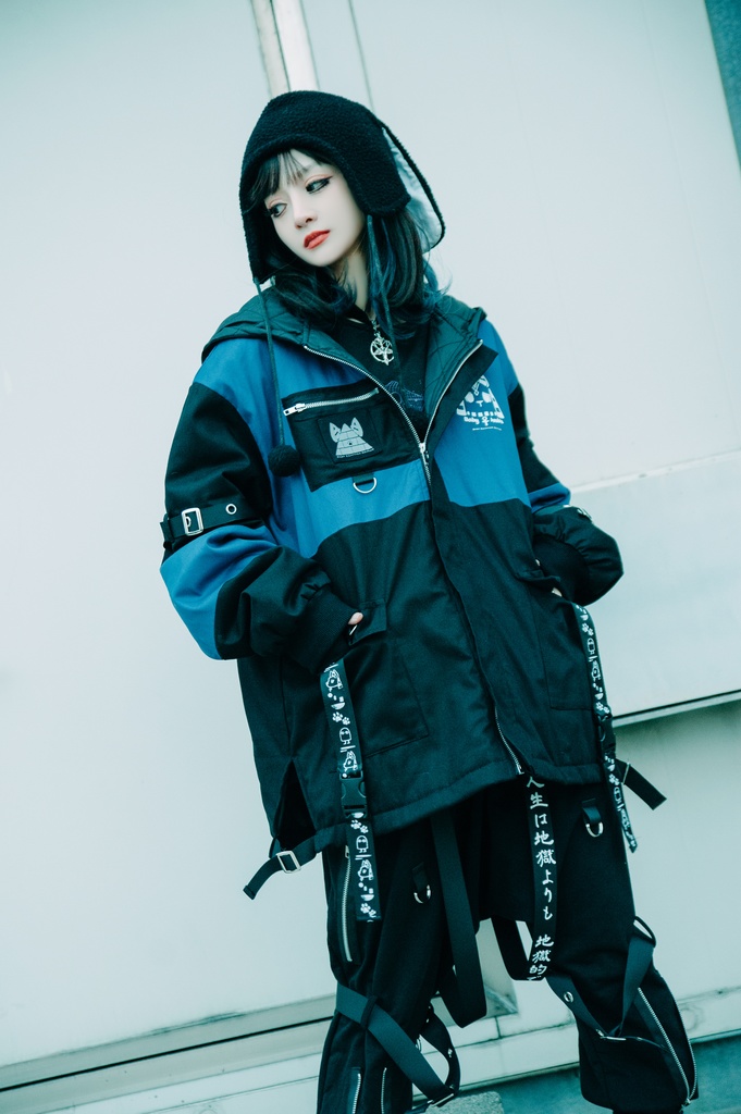 Jillpunk 芝麻コラボ アニメ Y2K お宅 ニ次コン ワークスペック風 エジプト神話ベビー アヌビス キルティング ゆったりパーかー 狼耳 フード付きジャケット オリジナル メンズ レディーズ おしゃれ 男女兼用 ファッション 秋葉系 可愛い