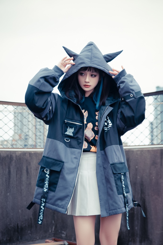 Jillpunk 芝麻コラボ アニメ Y2K お宅 ニ次コン ワークスペック風 エジプト神話ベビー アヌビス キルティング ゆったりパーかー 狼耳 フード付きジャケット オリジナル メンズ レディーズ おしゃれ 男女兼用 ファッション 秋葉系 可愛い