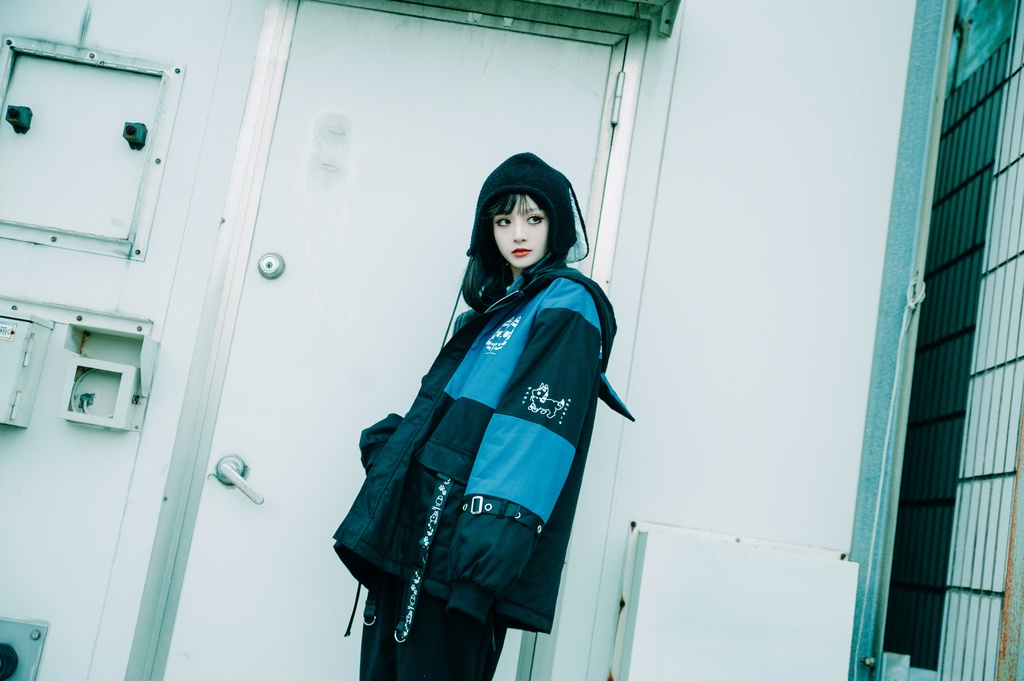 Jillpunk 芝麻コラボ アニメ Y2K お宅 ニ次コン ワークスペック風 エジプト神話ベビー アヌビス キルティング ゆったりパーかー 狼耳 フード付きジャケット オリジナル メンズ レディーズ おしゃれ 男女兼用 ファッション 秋葉系 可愛い