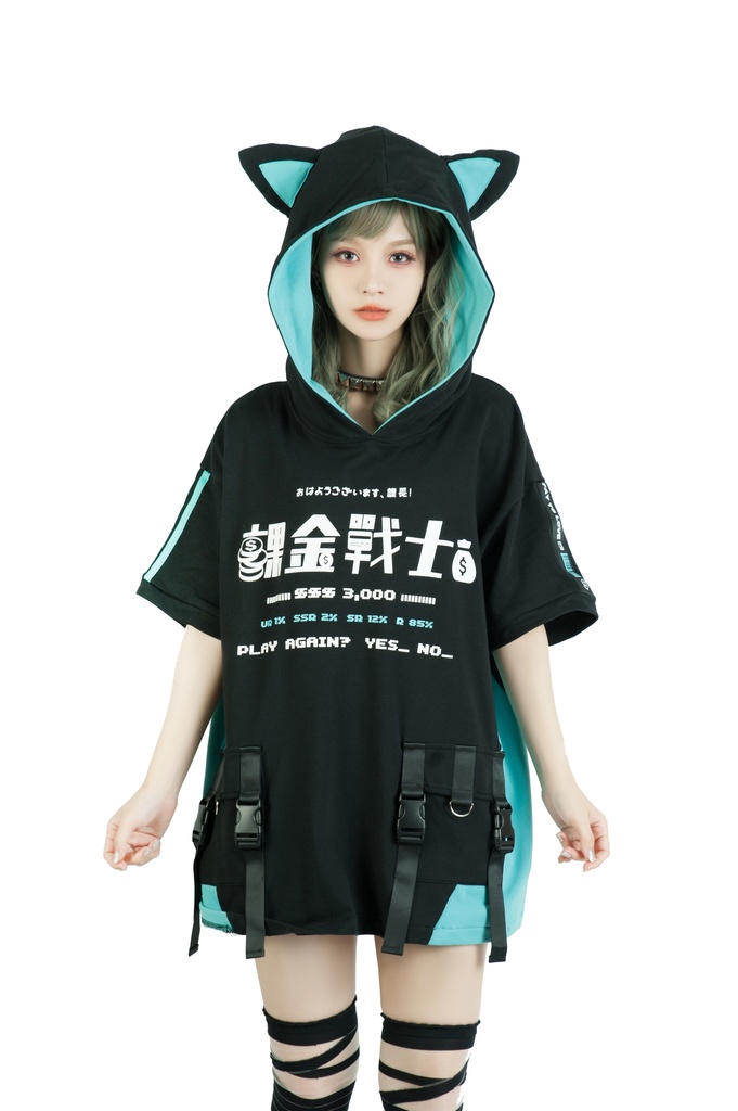 Jillpunkアニメ 二次コン 痛オタク 課金戦士 猫課長 懐古レトロ ドット絵 顔文字プリント 綿 ゆったり 猫耳半袖パーカー オリジナルスタイル メンズ レディーズ おしゃれ 男女兼用 ファッション 秋葉系 可愛い