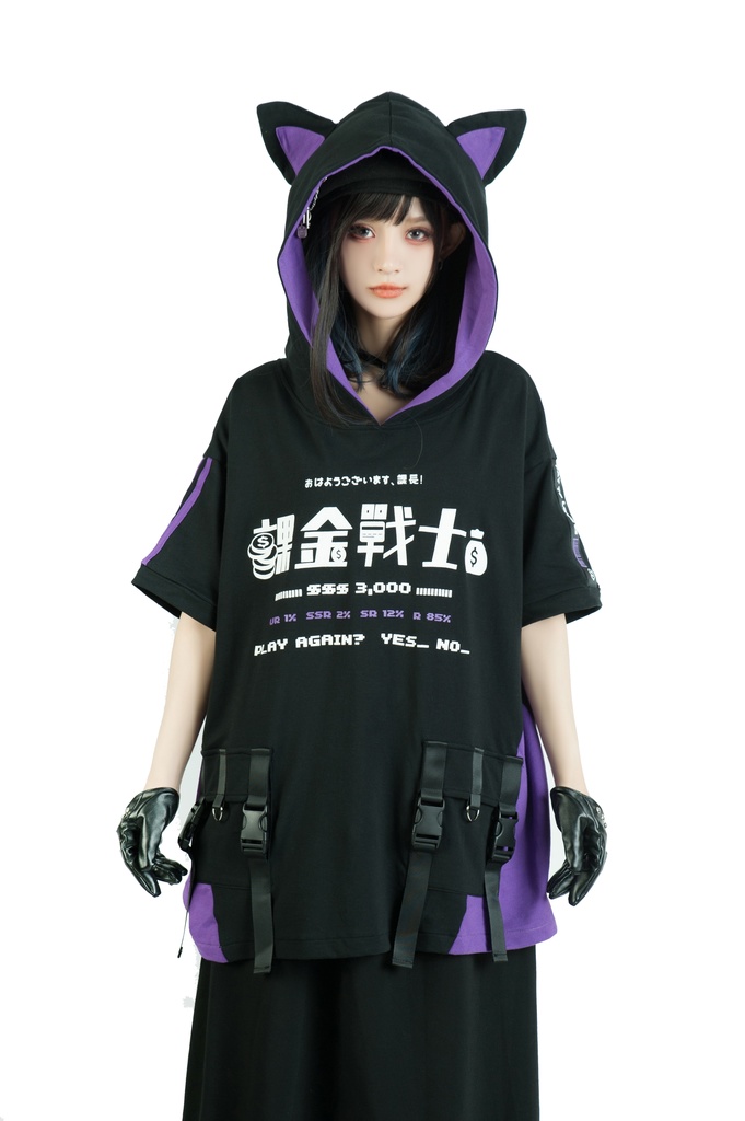 Jillpunkアニメ 二次コン 痛オタク 課金戦士 猫課長 懐古レトロ ドット絵 顔文字プリント 綿 ゆったり 猫耳半袖パーカー オリジナルスタイル メンズ レディーズ おしゃれ 男女兼用 ファッション 秋葉系 可愛い