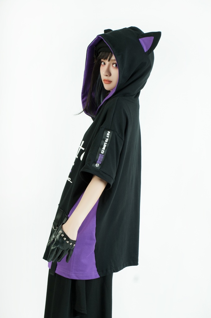 Jillpunkアニメ 二次コン 痛オタク 課金戦士 猫課長 懐古レトロ ドット絵 顔文字プリント 綿 ゆったり 猫耳半袖パーカー オリジナルスタイル メンズ レディーズ おしゃれ 男女兼用 ファッション 秋葉系 可愛い