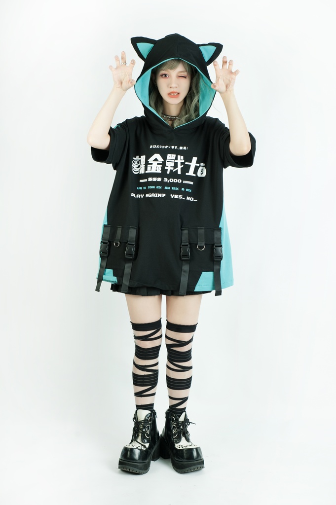 Jillpunkアニメ 二次コン 痛オタク 課金戦士 猫課長 懐古レトロ ドット絵 顔文字プリント 綿 ゆったり 猫耳半袖パーカー オリジナルスタイル メンズ レディーズ おしゃれ 男女兼用 ファッション 秋葉系 可愛い