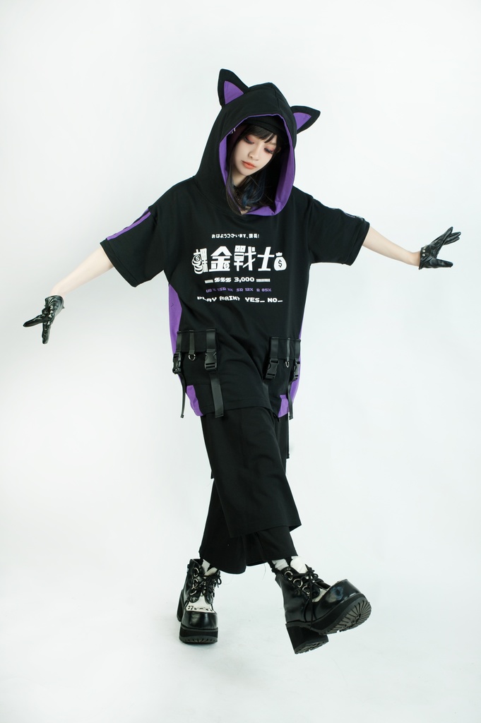 Jillpunkアニメ 二次コン 痛オタク 課金戦士 猫課長 懐古レトロ ドット絵 顔文字プリント 綿 ゆったり 猫耳半袖パーカー オリジナルスタイル メンズ レディーズ おしゃれ 男女兼用 ファッション 秋葉系 可愛い