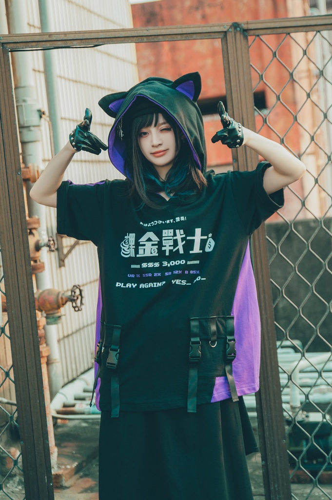 Jillpunkアニメ 二次コン 痛オタク 課金戦士 猫課長 懐古レトロ ドット絵 顔文字プリント 綿 ゆったり 猫耳半袖パーカー オリジナルスタイル メンズ レディーズ おしゃれ 男女兼用 ファッション 秋葉系 可愛い