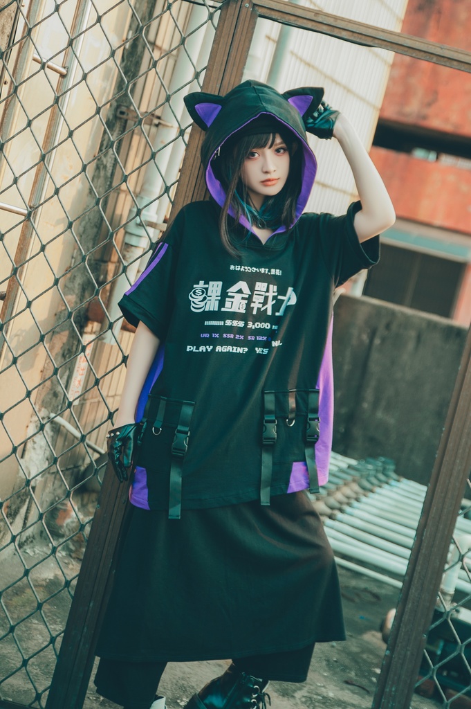 Jillpunkアニメ 二次コン 痛オタク 課金戦士 猫課長 懐古レトロ ドット絵 顔文字プリント 綿 ゆったり 猫耳半袖パーカー オリジナルスタイル メンズ レディーズ おしゃれ 男女兼用 ファッション 秋葉系 可愛い