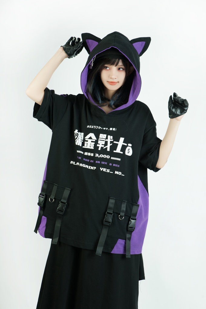 Jillpunkアニメ 二次コン 痛オタク 課金戦士 猫課長 懐古レトロ ドット絵 顔文字プリント 綿 ゆったり 猫耳半袖パーカー オリジナルスタイル メンズ レディーズ おしゃれ 男女兼用 ファッション 秋葉系 可愛い