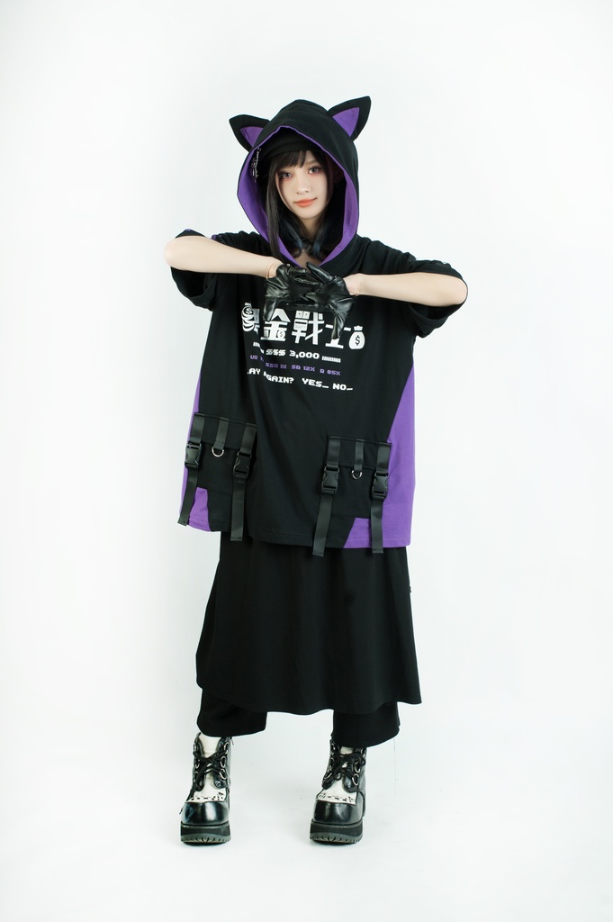 Jillpunkアニメ 二次コン 痛オタク 課金戦士 猫課長 懐古レトロ ドット絵 顔文字プリント 綿 ゆったり 猫耳半袖パーカー オリジナルスタイル メンズ レディーズ おしゃれ 男女兼用 ファッション 秋葉系 可愛い