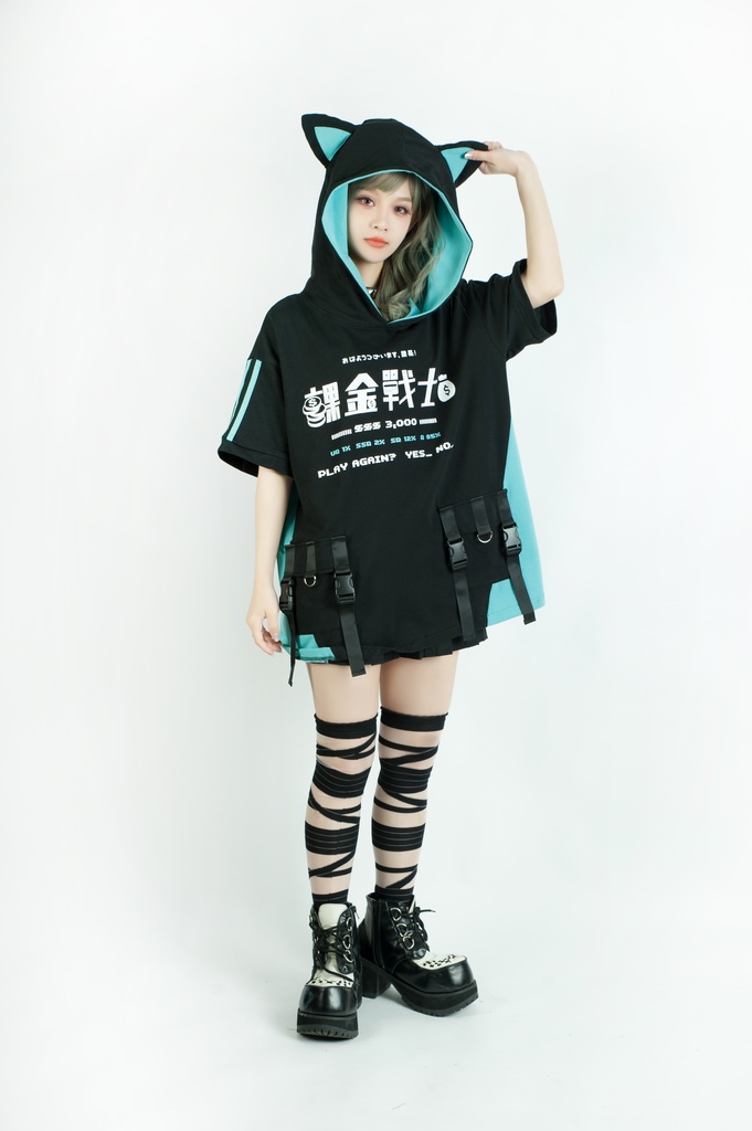 Jillpunkアニメ 二次コン 痛オタク 課金戦士 猫課長 懐古レトロ ドット絵 顔文字プリント 綿 ゆったり 猫耳半袖パーカー オリジナルスタイル メンズ レディーズ おしゃれ 男女兼用 ファッション 秋葉系 可愛い