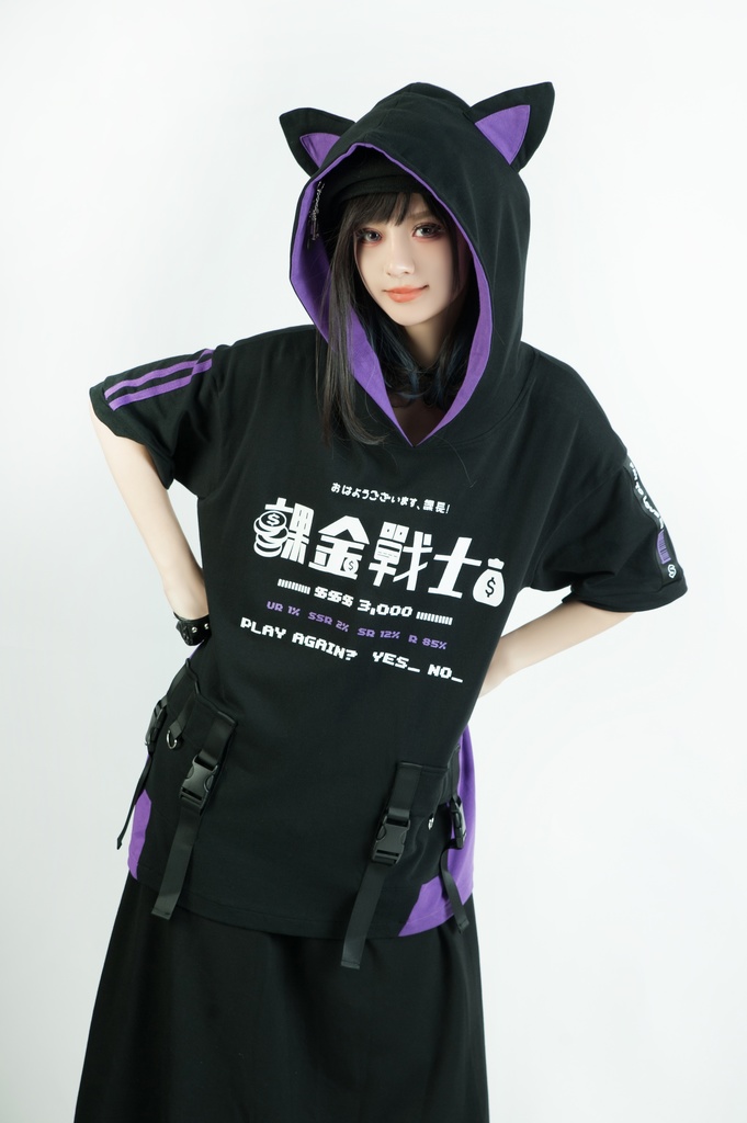 Jillpunkアニメ 二次コン 痛オタク 課金戦士 猫課長 懐古レトロ ドット絵 顔文字プリント 綿 ゆったり 猫耳半袖パーカー オリジナルスタイル メンズ レディーズ おしゃれ 男女兼用 ファッション 秋葉系 可愛い