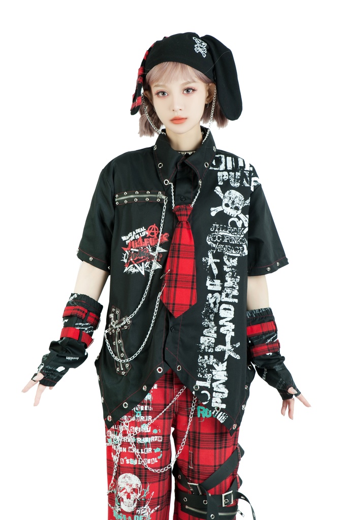 Jillpunk 王道パンク ロック エモパンク バンギャ 兄系ファッション パンクの心 ドクロ柄 ネクタイ アームカバー付き ドレスシャツ メンズ レディーズ V系 おしゃれ男女兼用カッコいい