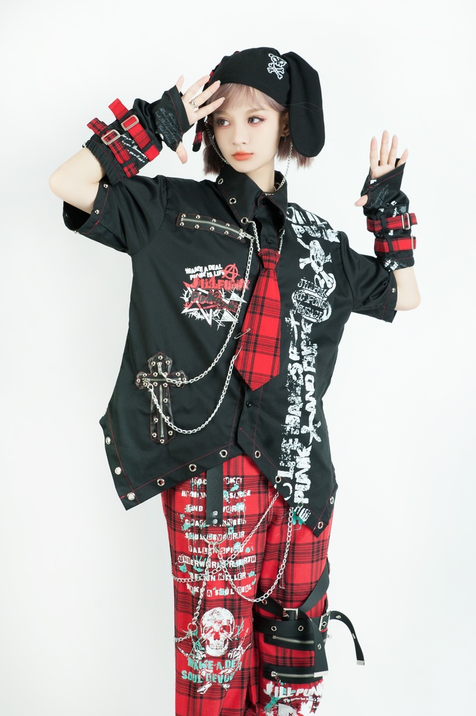 Jillpunk 王道パンク ロック エモパンク バンギャ 兄系ファッション パンクの心 ドクロ柄 ネクタイ アームカバー付き ドレスシャツ メンズ レディーズ V系 おしゃれ男女兼用カッコいい