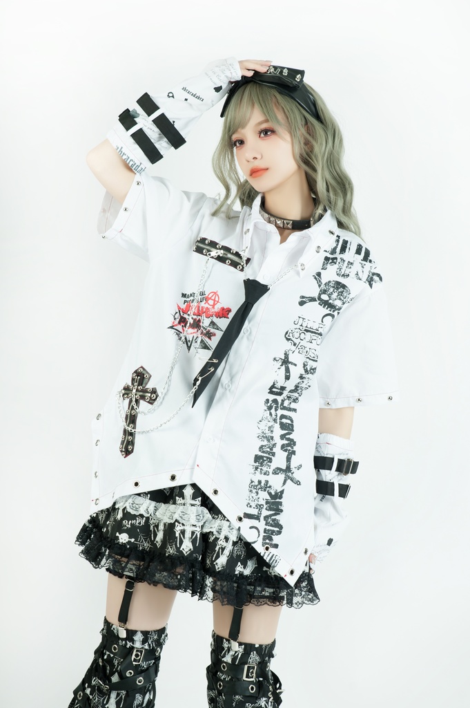 Jillpunk 王道パンク ロック エモパンク バンギャ 兄系ファッション パンクの心 ドクロ柄 ネクタイ アームカバー付き ドレスシャツ メンズ レディーズ V系 おしゃれ男女兼用カッコいい