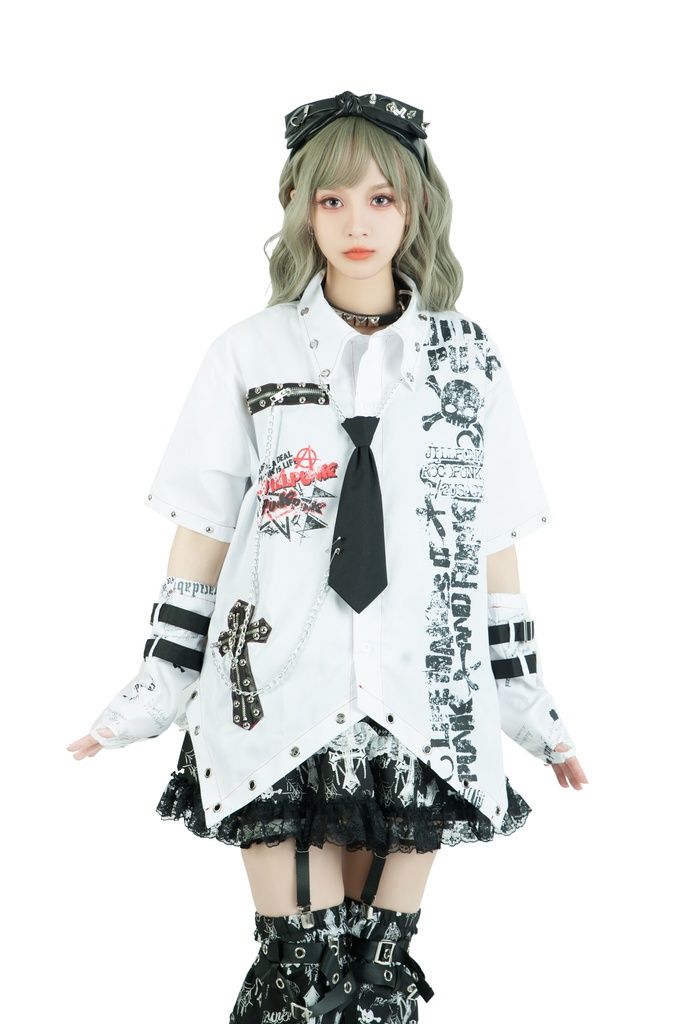 Jillpunk 王道パンク ロック エモパンク バンギャ 兄系ファッション パンクの心 ドクロ柄 ネクタイ アームカバー付き ドレスシャツ メンズ レディーズ V系 おしゃれ男女兼用カッコいい