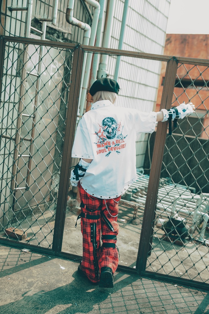 Jillpunk 王道パンク ロック エモパンク バンギャ 兄系ファッション パンクの心 ドクロ柄 ネクタイ アームカバー付き ドレスシャツ メンズ レディーズ V系 おしゃれ男女兼用カッコいい