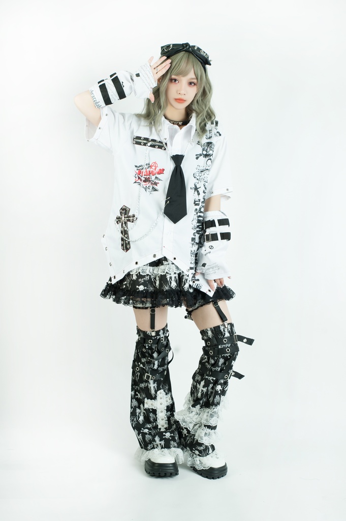 Jillpunk 王道パンク ロック エモパンク バンギャ 兄系ファッション パンクの心 ドクロ柄 ネクタイ アームカバー付き ドレスシャツ メンズ レディーズ V系 おしゃれ男女兼用カッコいい