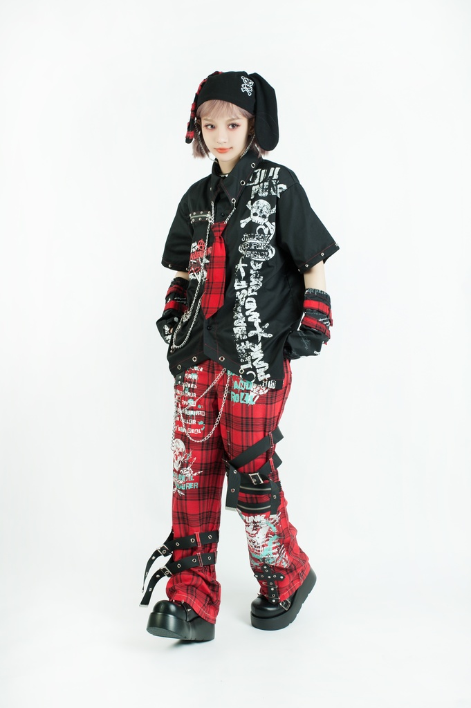 Jillpunk 王道パンク ロック エモパンク バンギャ 兄系ファッション パンクの心 ドクロ柄 ネクタイ アームカバー付き ドレスシャツ メンズ レディーズ V系 おしゃれ男女兼用カッコいい