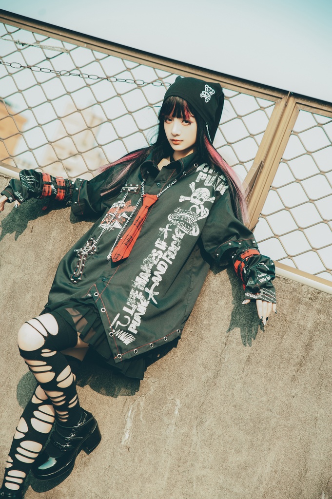 Jillpunk 王道パンク ロック エモパンク バンギャ 兄系ファッション パンクの心 ドクロ柄 ネクタイ アームカバー付き ドレスシャツ メンズ レディーズ V系 おしゃれ男女兼用カッコいい