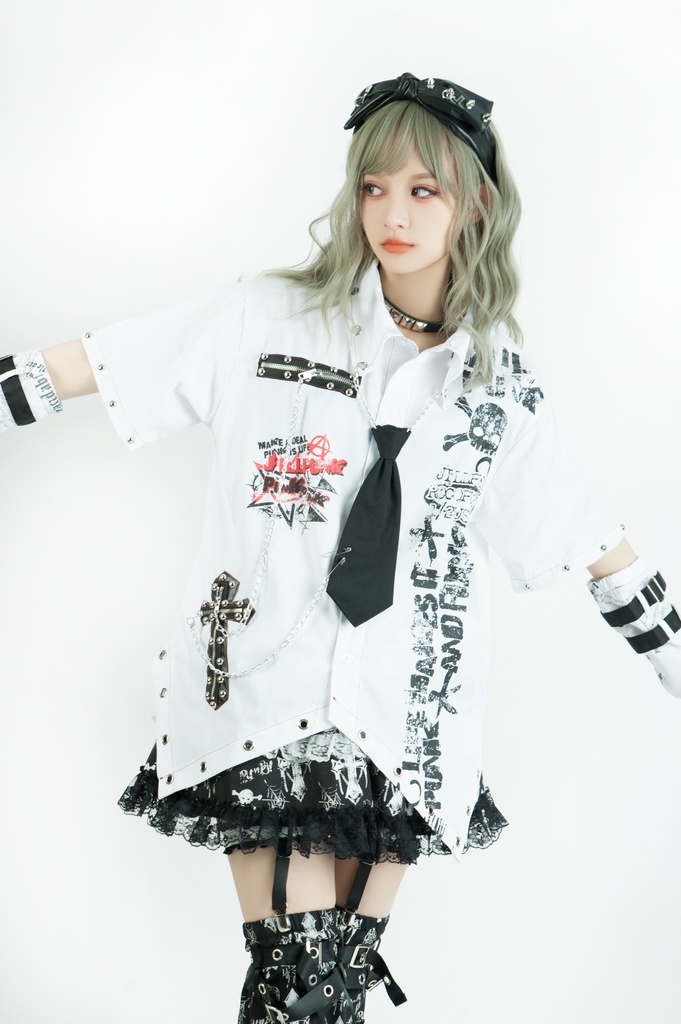 Jillpunk 王道パンク ロック エモパンク バンギャ 兄系ファッション パンクの心 ドクロ柄 ネクタイ アームカバー付き ドレスシャツ メンズ レディーズ V系 おしゃれ男女兼用カッコいい