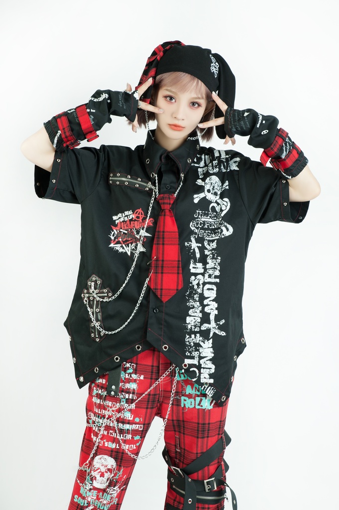 Jillpunk 王道パンク ロック エモパンク バンギャ 兄系ファッション パンクの心 ドクロ柄 ネクタイ アームカバー付き ドレスシャツ メンズ レディーズ V系 おしゃれ男女兼用カッコいい