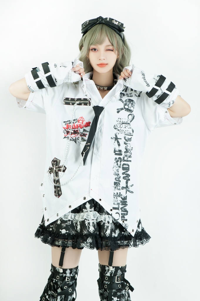 Jillpunk 王道パンク ロック エモパンク バンギャ 兄系ファッション パンクの心 ドクロ柄 ネクタイ アームカバー付き ドレスシャツ メンズ レディーズ V系 おしゃれ男女兼用カッコいい