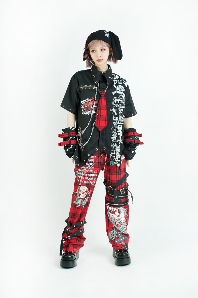 Jillpunk 王道パンク ロック エモパンク バンギャ 兄系ファッション パンクの心 ドクロ柄 ネクタイ アームカバー付き ドレスシャツ メンズ レディーズ V系 おしゃれ男女兼用カッコいい