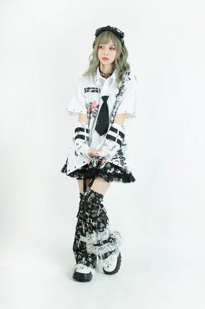 Jillpunk 王道パンク ロック エモパンク バンギャ 兄系ファッション パンクの心 ドクロ柄 ネクタイ アームカバー付き ドレスシャツ メンズ レディーズ V系 おしゃれ男女兼用カッコいい