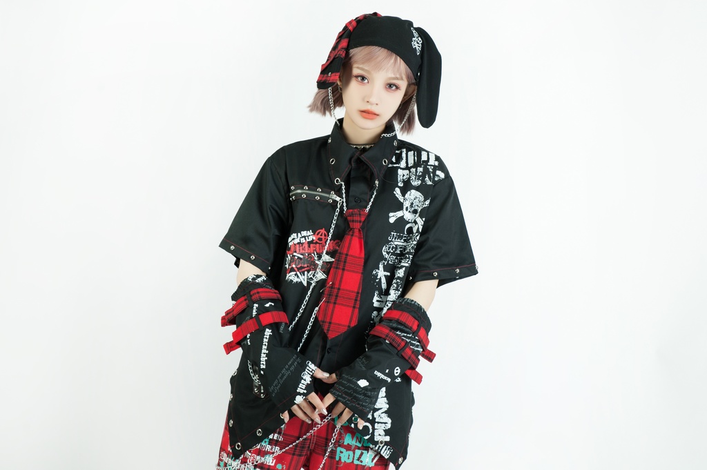 Jillpunk 王道パンク ロック エモパンク バンギャ 兄系ファッション パンクの心 ドクロ柄 ネクタイ アームカバー付き ドレスシャツ メンズ レディーズ V系 おしゃれ男女兼用カッコいい