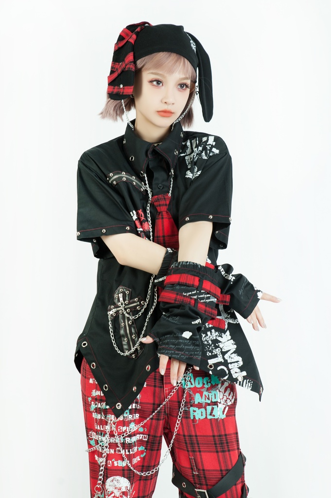 Jillpunk 王道パンク ロック エモパンク バンギャ 兄系ファッション パンクの心 ドクロ柄 ネクタイ アームカバー付き ドレスシャツ メンズ レディーズ V系 おしゃれ男女兼用カッコいい