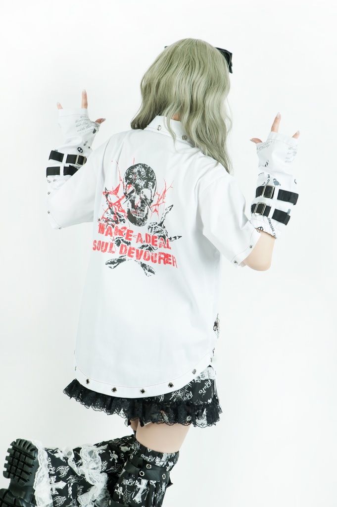 Jillpunk 王道パンク ロック エモパンク バンギャ 兄系ファッション パンクの心 ドクロ柄 ネクタイ アームカバー付き ドレスシャツ メンズ レディーズ V系 おしゃれ男女兼用カッコいい