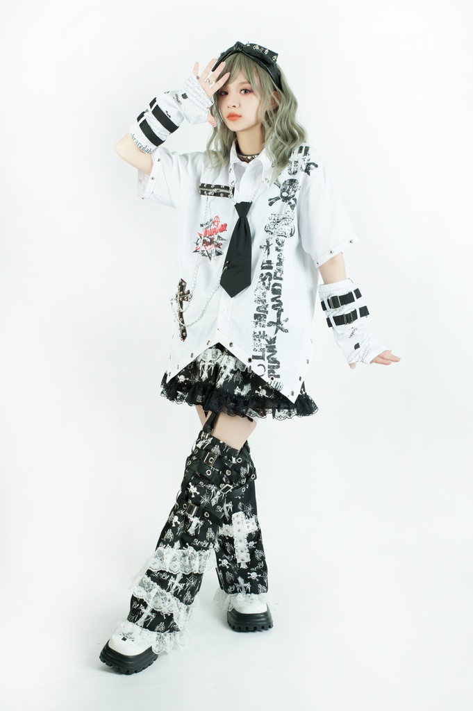 Jillpunk 王道パンク ロック エモパンク バンギャ 兄系ファッション パンクの心 ドクロ柄 ネクタイ アームカバー付き ドレスシャツ メンズ レディーズ V系 おしゃれ男女兼用カッコいい