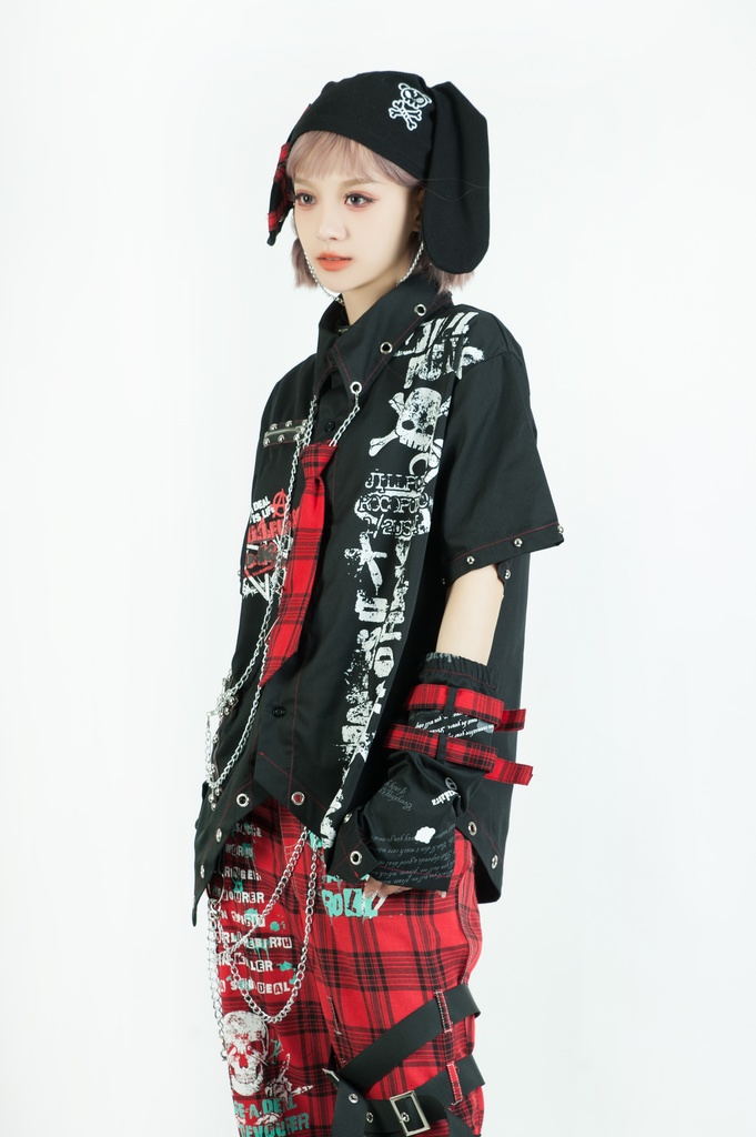 Jillpunk 王道パンク ロック エモパンク バンギャ 兄系ファッション パンクの心 ドクロ柄 ネクタイ アームカバー付き ドレスシャツ メンズ レディーズ V系 おしゃれ男女兼用カッコいい