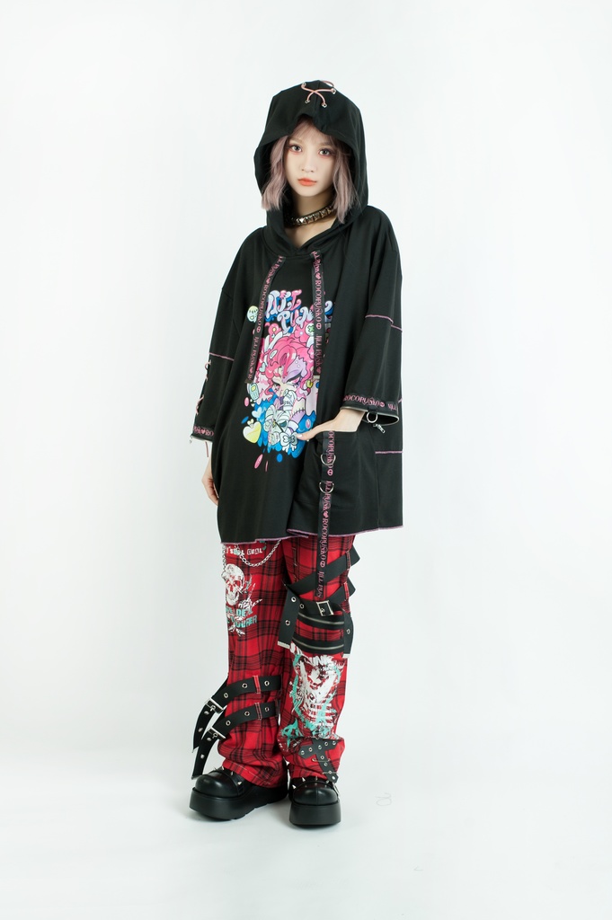 Jillpunk 地雷系 ダーク 病みかわ 派手かわ 原宿ファッション ゾンビガール 取り外し可能袖 ゆったり 飾り縫い 半袖 パーカーオリジナル 可愛い おしゃれ 男女兼用 秋葉系