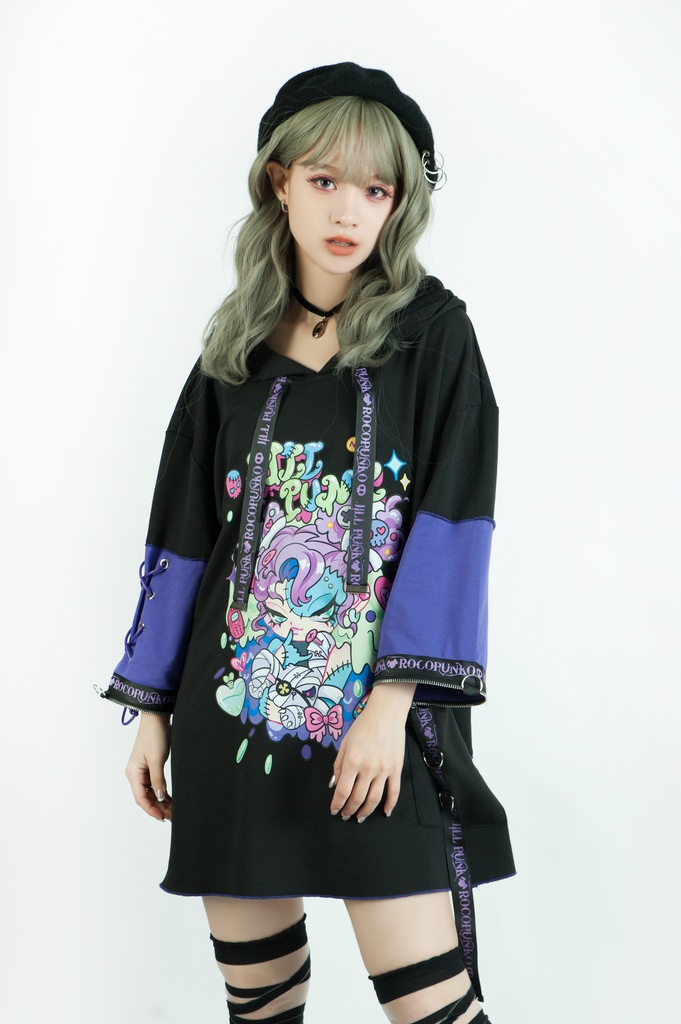 Jillpunk 地雷系 ダーク 病みかわ 派手かわ 原宿ファッション ゾンビガール 取り外し可能袖 ゆったり 飾り縫い 半袖 パーカーオリジナル 可愛い おしゃれ 男女兼用 秋葉系