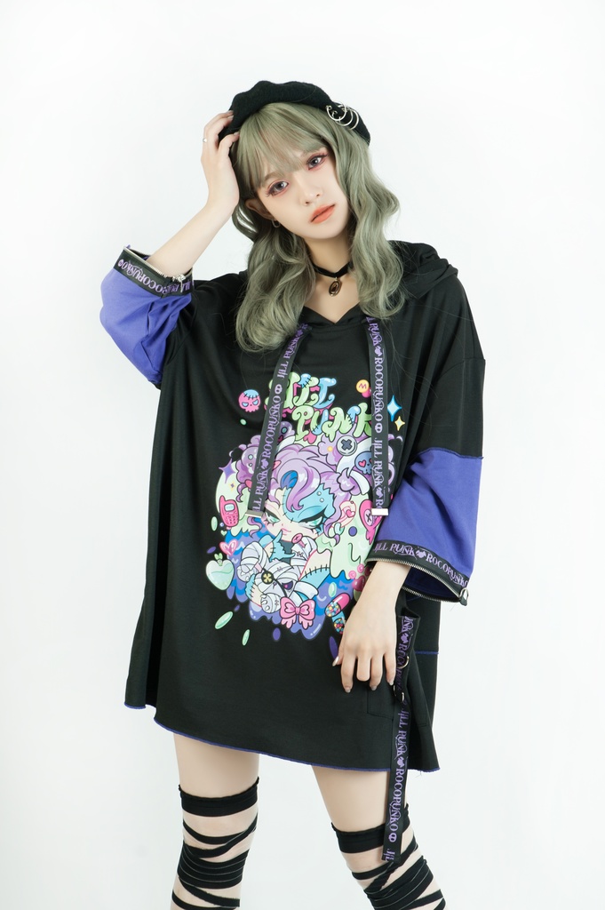Jillpunk 地雷系 ダーク 病みかわ 派手かわ 原宿ファッション ゾンビガール 取り外し可能袖 ゆったり 飾り縫い 半袖 パーカーオリジナル 可愛い おしゃれ 男女兼用 秋葉系