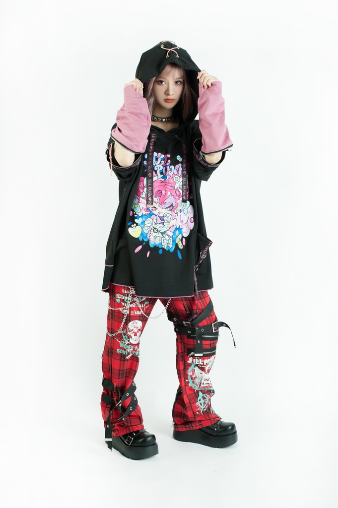 Jillpunk 地雷系 ダーク 病みかわ 派手かわ 原宿ファッション ゾンビガール 取り外し可能袖 ゆったり 飾り縫い 半袖 パーカーオリジナル 可愛い おしゃれ 男女兼用 秋葉系