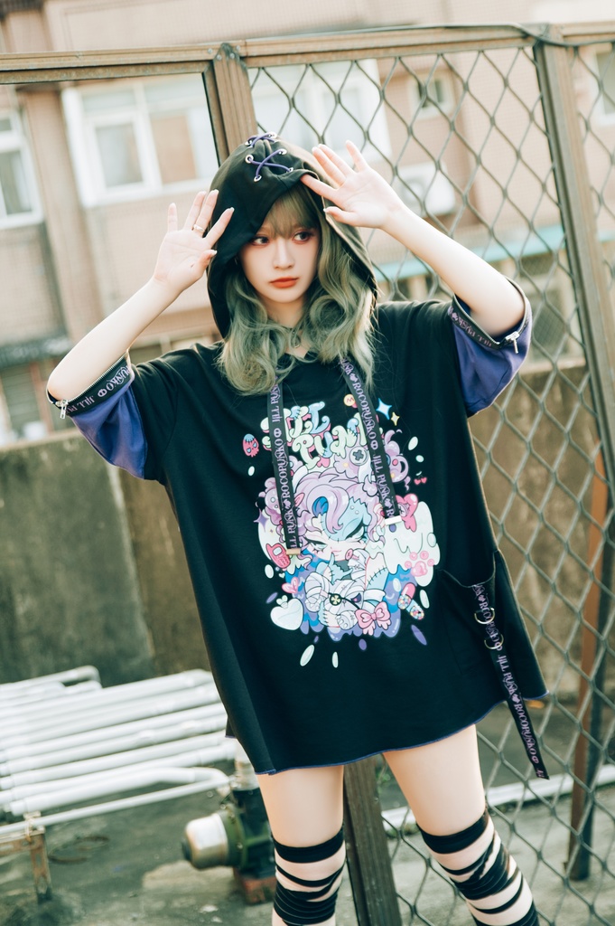 Jillpunk 地雷系 ダーク 病みかわ 派手かわ 原宿ファッション ゾンビガール 取り外し可能袖 ゆったり 飾り縫い 半袖 パーカーオリジナル 可愛い おしゃれ 男女兼用 秋葉系