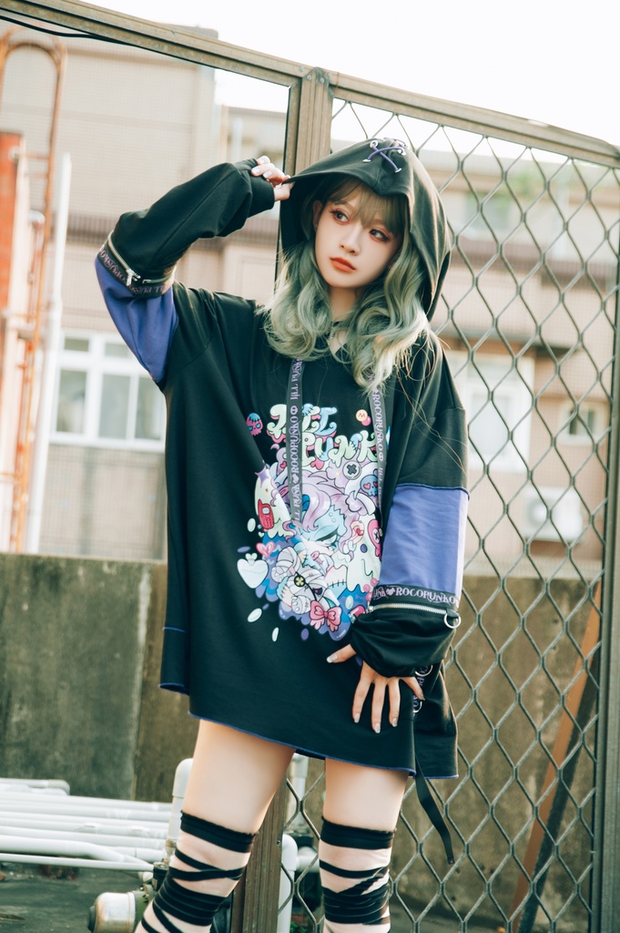 Jillpunk 地雷系 ダーク 病みかわ 派手かわ 原宿ファッション ゾンビガール 取り外し可能袖 ゆったり 飾り縫い 半袖 パーカーオリジナル 可愛い おしゃれ 男女兼用 秋葉系