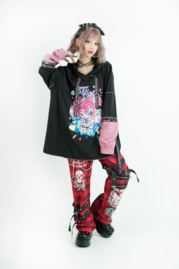 Jillpunk 地雷系 ダーク 病みかわ 派手かわ 原宿ファッション ゾンビガール 取り外し可能袖 ゆったり 飾り縫い 半袖 パーカーオリジナル 可愛い おしゃれ 男女兼用 秋葉系