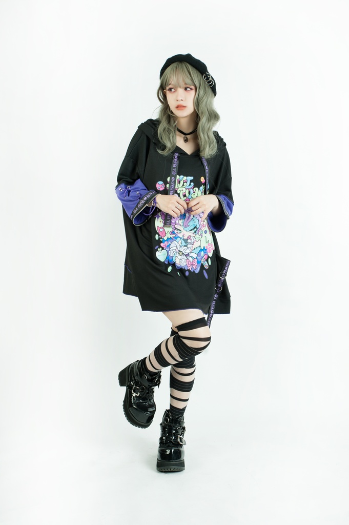 Jillpunk 地雷系 ダーク 病みかわ 派手かわ 原宿ファッション ゾンビガール 取り外し可能袖 ゆったり 飾り縫い 半袖 パーカーオリジナル 可愛い おしゃれ 男女兼用 秋葉系