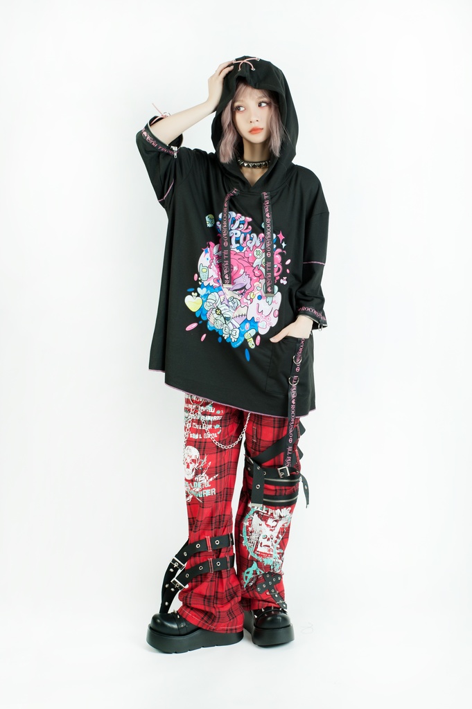 Jillpunk 地雷系 ダーク 病みかわ 派手かわ 原宿ファッション ゾンビガール 取り外し可能袖 ゆったり 飾り縫い 半袖 パーカーオリジナル 可愛い おしゃれ 男女兼用 秋葉系