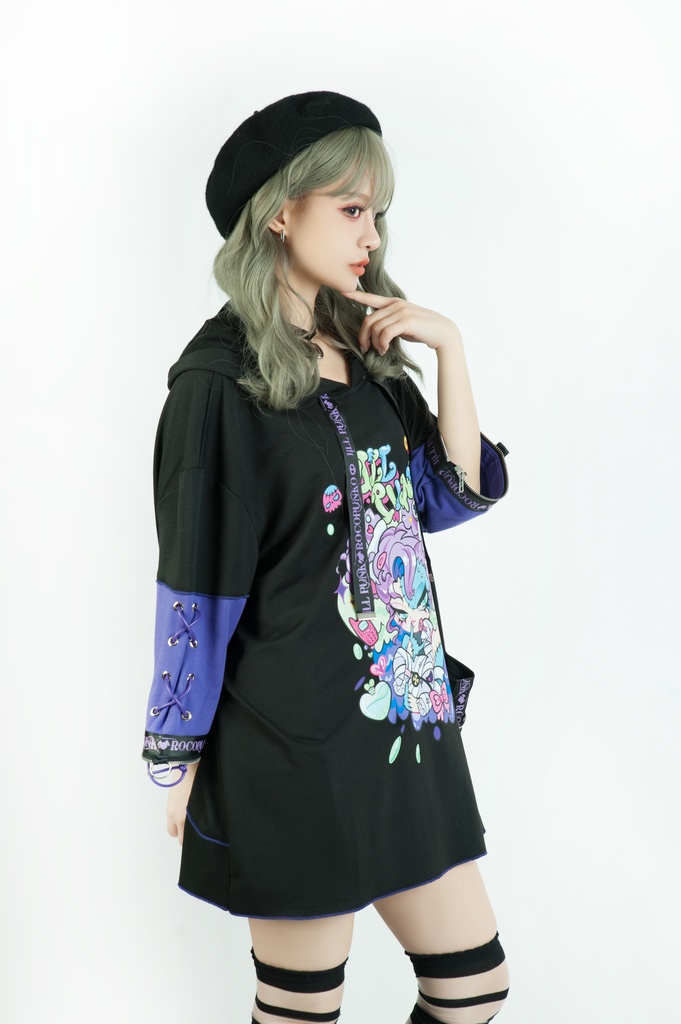 Jillpunk 地雷系 ダーク 病みかわ 派手かわ 原宿ファッション ゾンビガール 取り外し可能袖 ゆったり 飾り縫い 半袖 パーカーオリジナル 可愛い おしゃれ 男女兼用 秋葉系