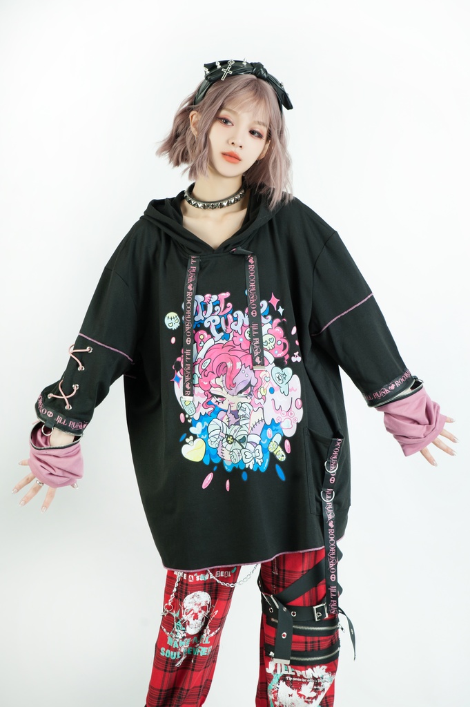 Jillpunk 地雷系 ダーク 病みかわ 派手かわ 原宿ファッション ゾンビガール 取り外し可能袖 ゆったり 飾り縫い 半袖 パーカーオリジナル 可愛い おしゃれ 男女兼用 秋葉系